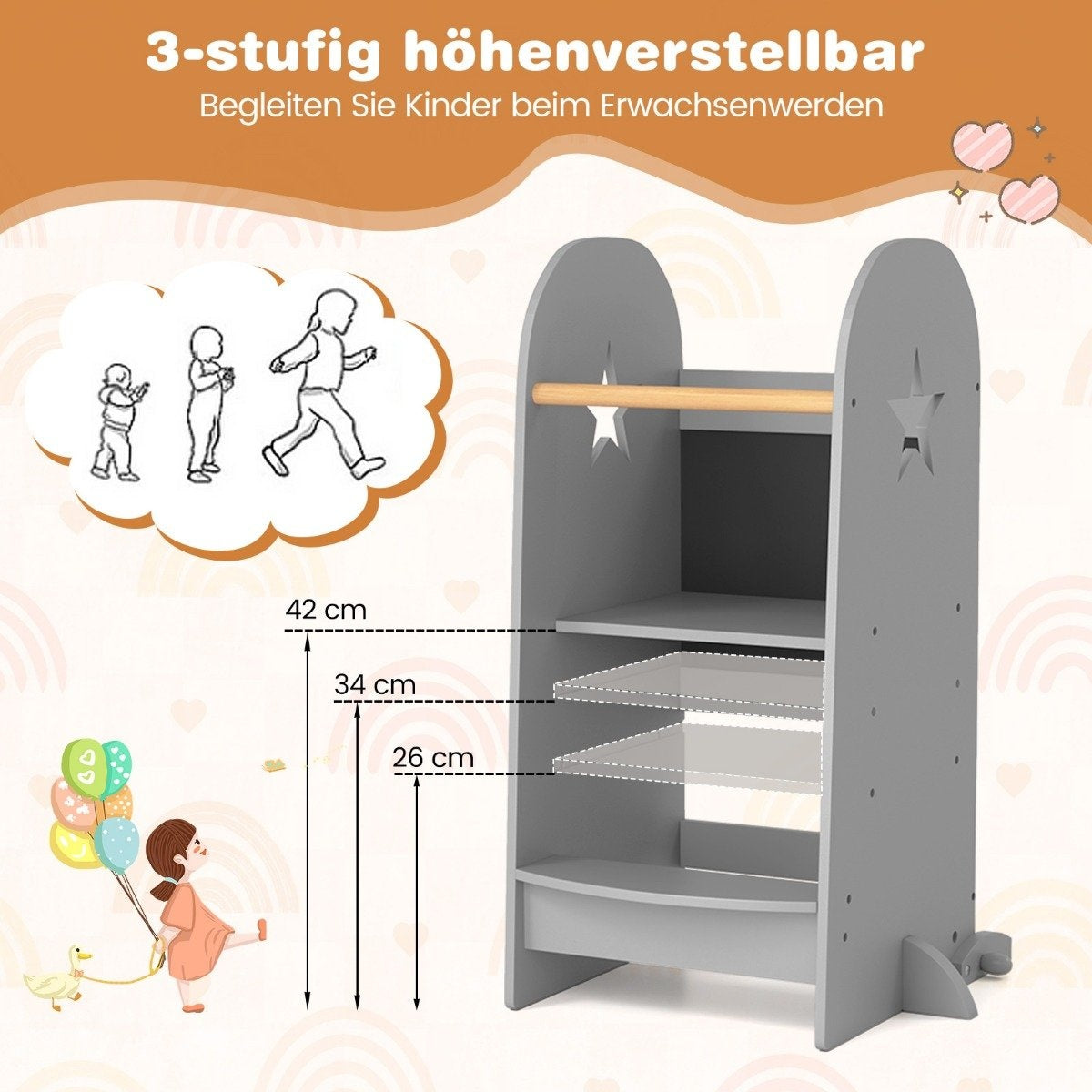 3 i 1 inlärningstorn trapppall för barn med 3 justerbara höjder 90 kg lastkapacitet grå