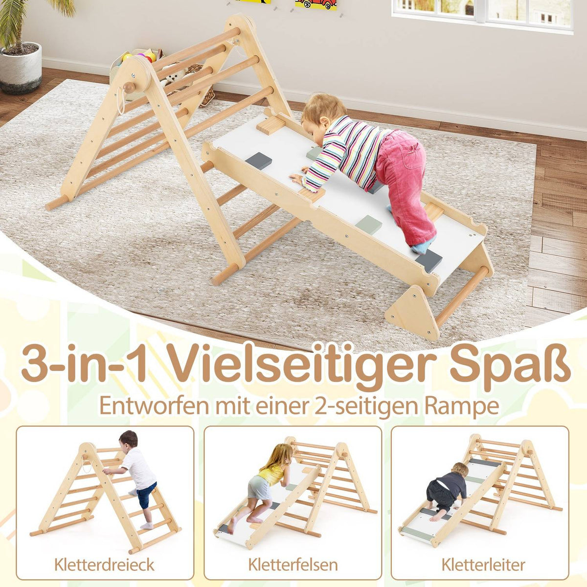3-i-1 klätterställning: Triangel, Stege & Rocker, hopfällbart trä