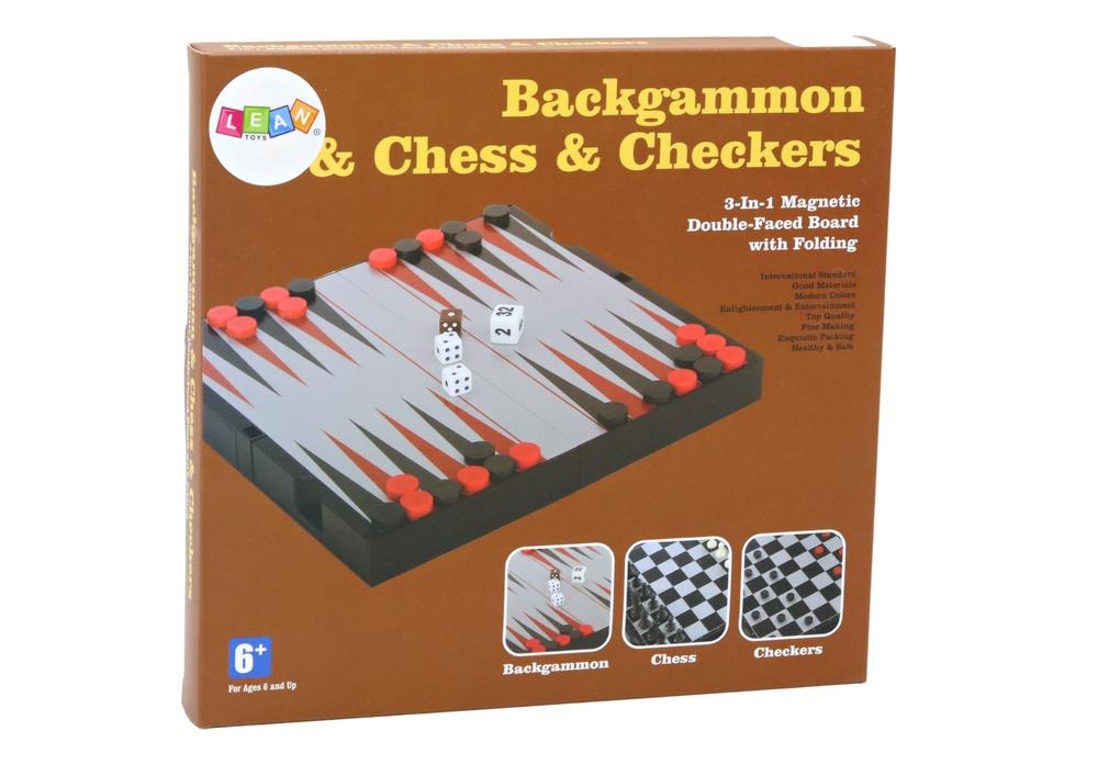 3-i-1 magnetbrett: sjakk, dam, backgammon moro!