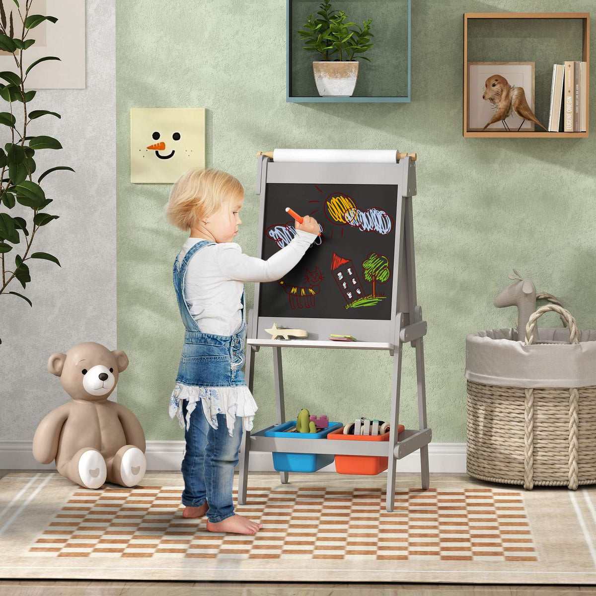 3-i-1 svart tavla för barn, dubbelsidigt staffli för barn med svarta tavla, whiteboard, staffli med suddgummi, ritpapper, förvaringslådor, för barn 3-8 år, grå