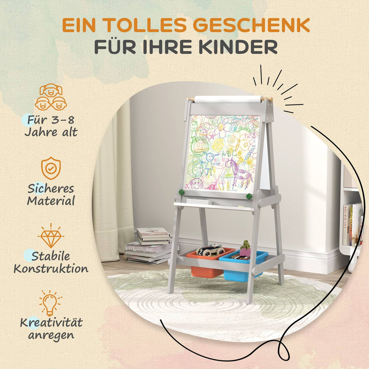 3-i-1 svart tavla för barn, dubbelsidigt staffli för barn med svarta tavla, whiteboard, staffli med suddgummi, ritpapper, förvaringslådor, för barn 3-8 år, grå