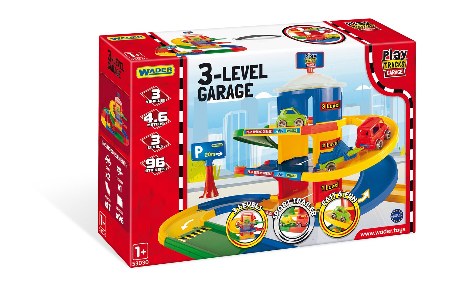 3-vånings garagelekset med fordon och bana