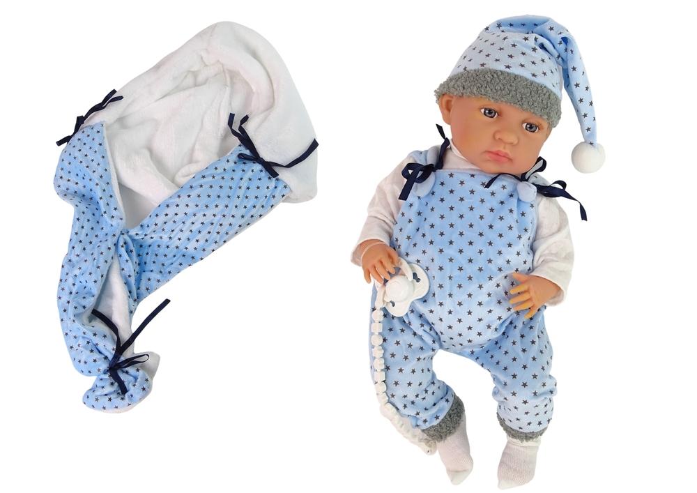 46 cm babydukke med blå dummy &amp; stjerneteppesett