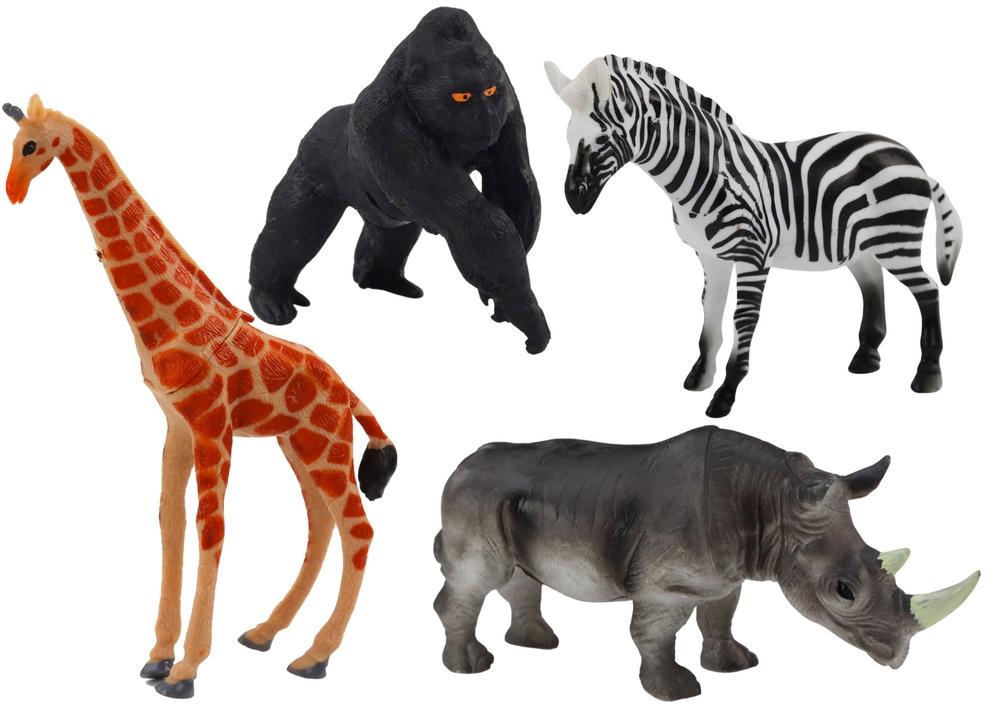 4-delade afrikanska djurfigurer: giraff, gorilla, zebra