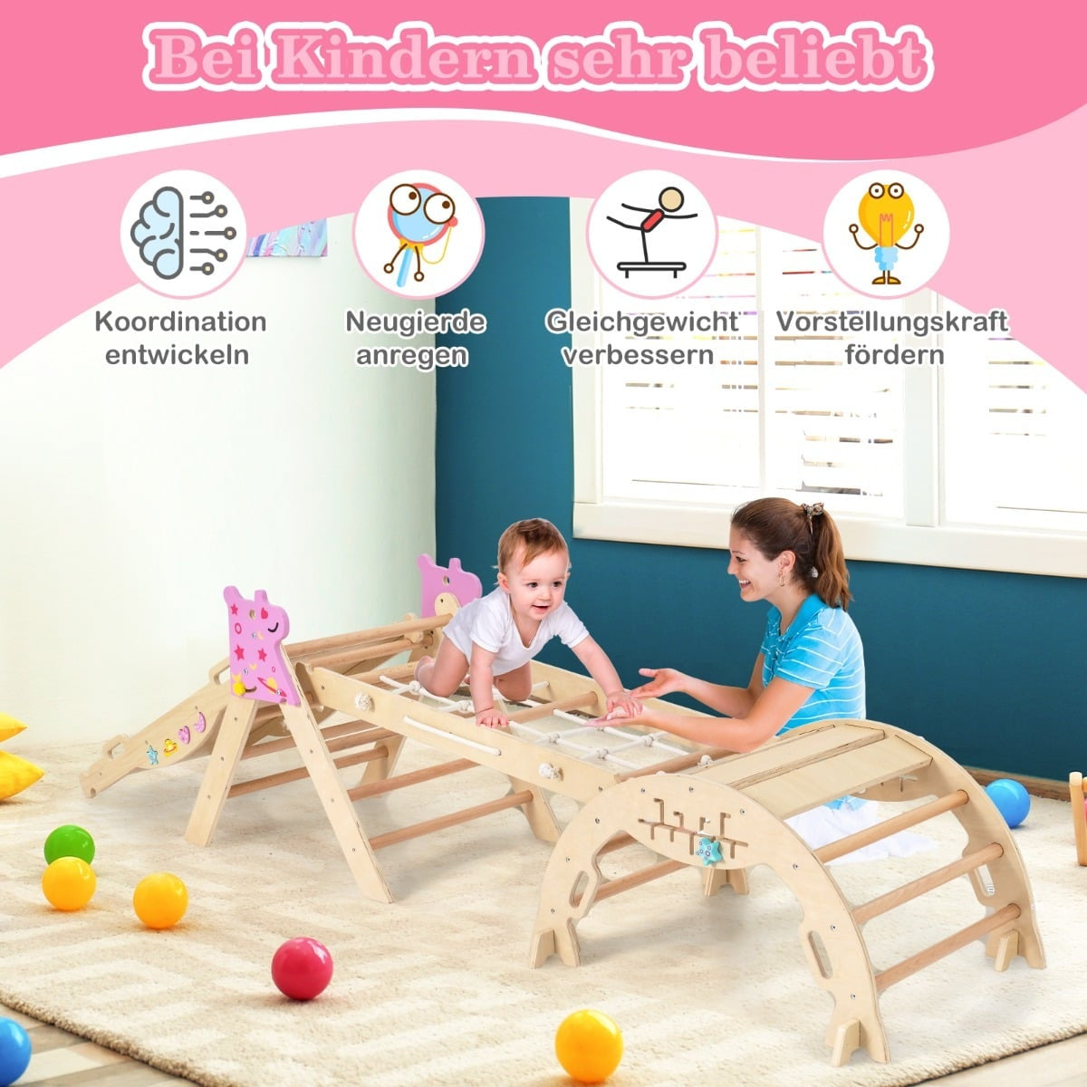 4-delat klätterset för barn med rutschkana och båge – Naturträ
