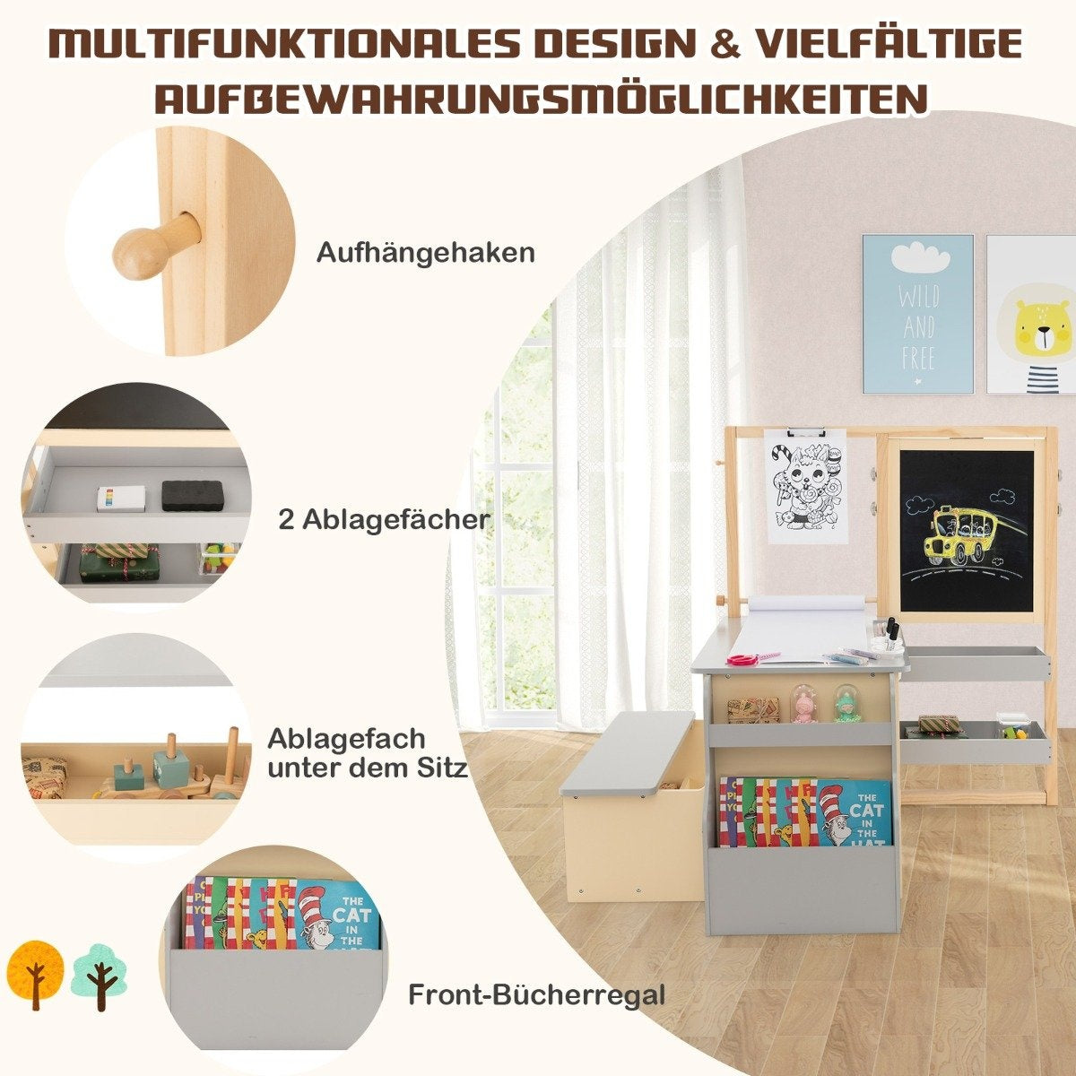 6 i 1 barn staffli set med dubbelsidig svarta tavla & whiteboard & pappersrulle grå