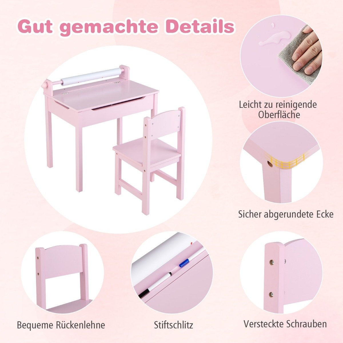Aktivitetsbord för barn med stol, rosa, förvaring