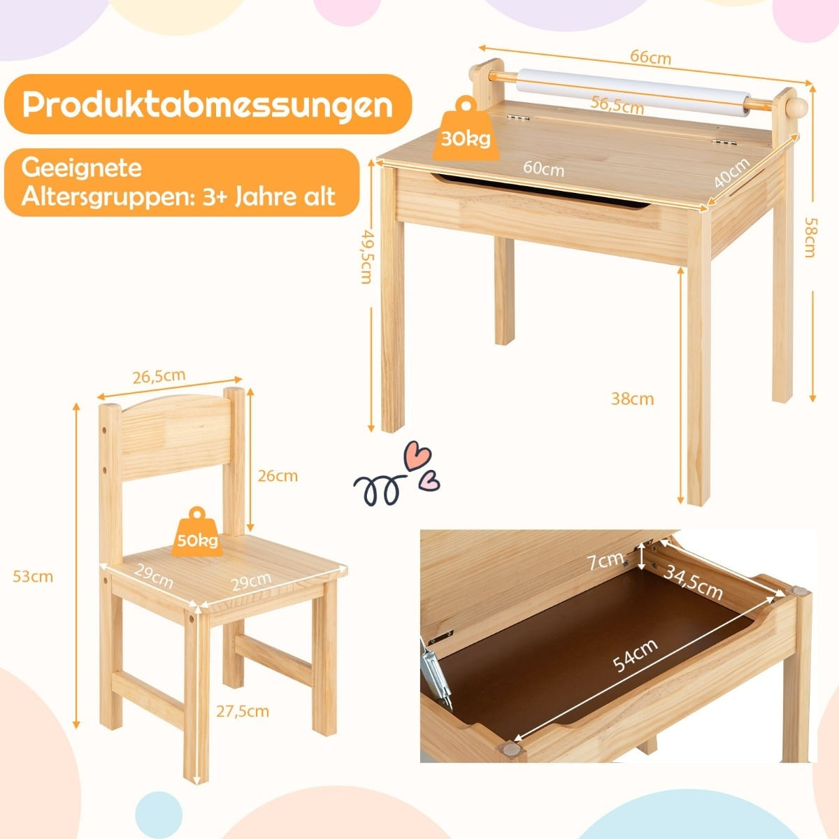 Aktivitetsbord för småbarn med stol, pappersrullhållare