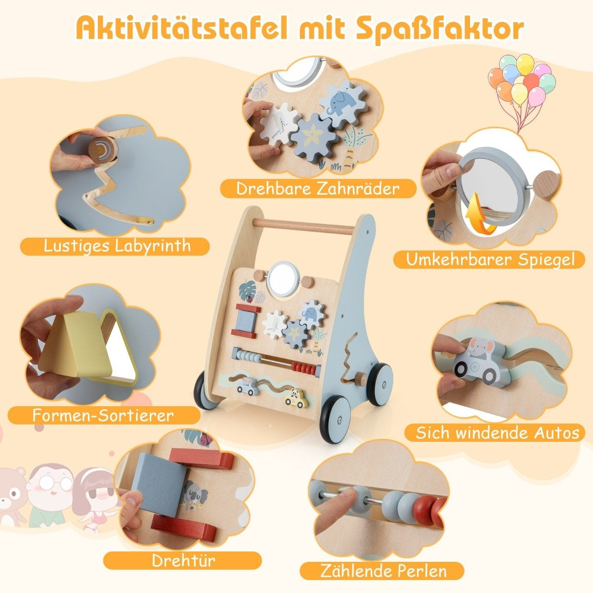 Baby Walker i trä med aktivitetscenter – Montessori-lärande