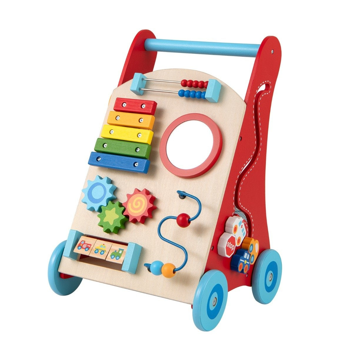 Baby Walker i trä med handtag, förvaring och hjul