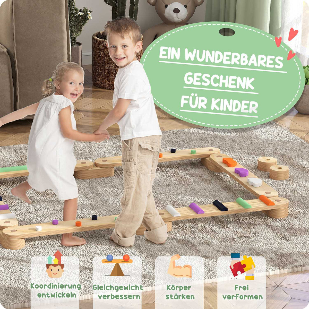 Balansbalk för barn, balansbalk i trä med färgglada hinderstenar, Montessori-leksak för koordination och stabilitet, för 3-8-åriga barn