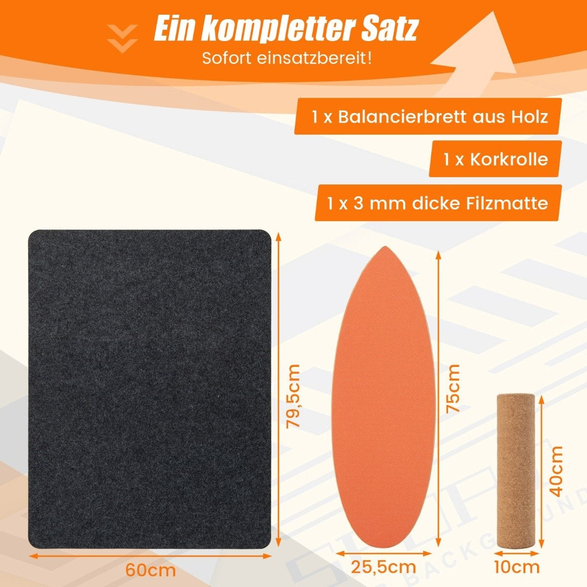 Balansbräda i trä med hjul och filt 3-i-1 Balansbräda Kit Orange
