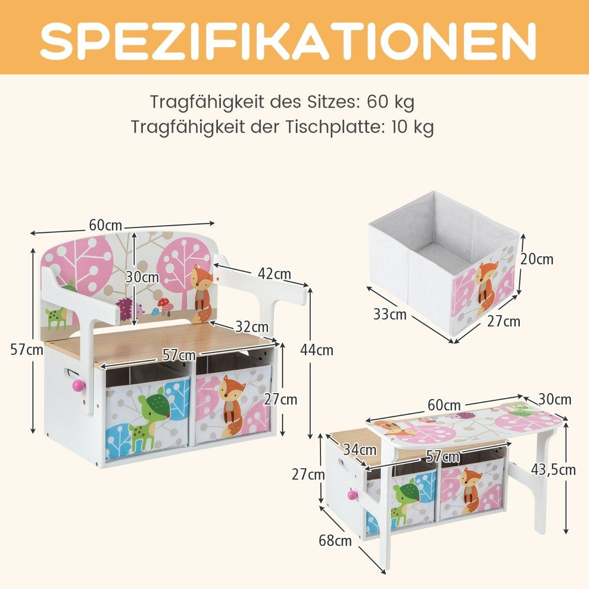 Barn 3-i-1 bord och stolsset med förvaringskärl, vit