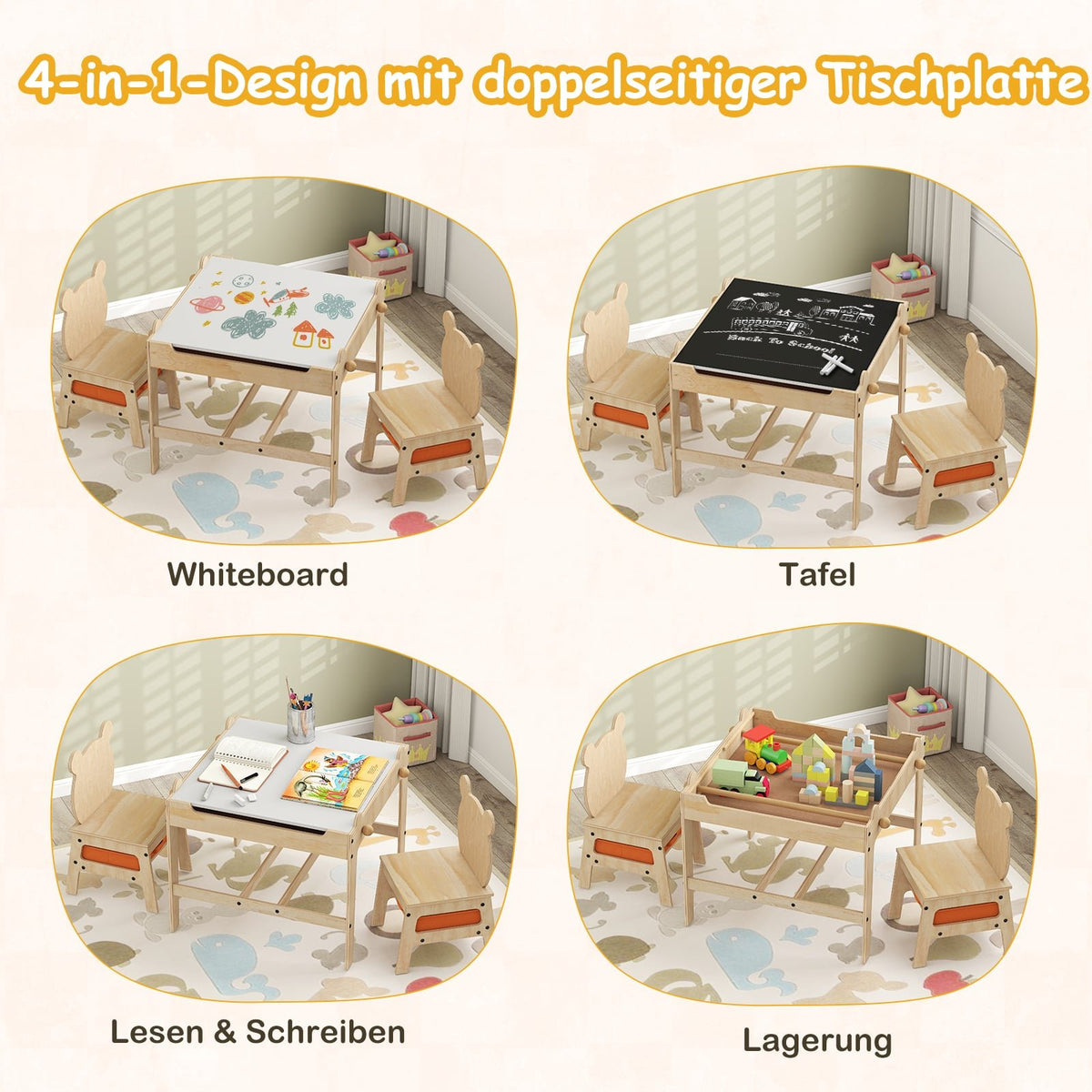 Barnaktivitetsbord med pandastolar, 4-i-1-design
