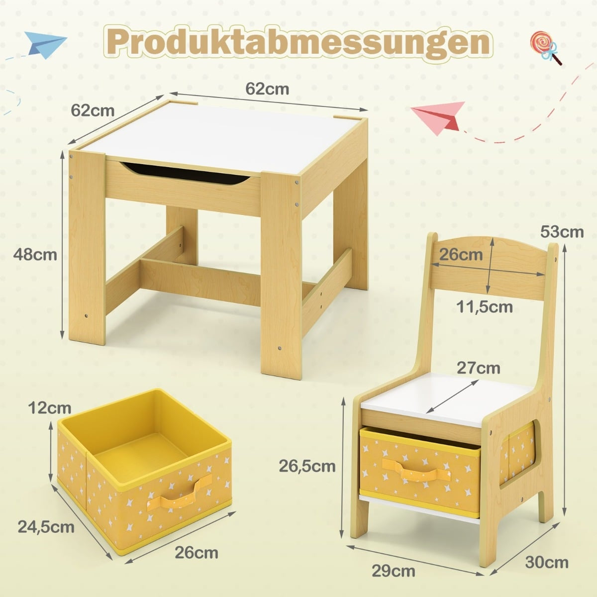 Barnaktivitetsbord med stolar, gult, från 3 år