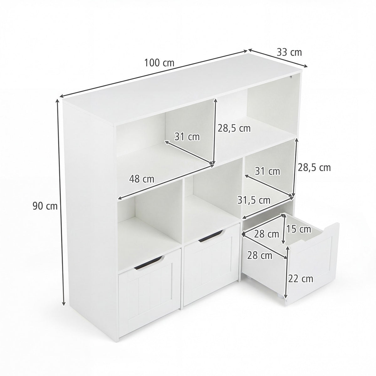 Barnbokhylla, 5 kuber, 3 rullande lådor, vit