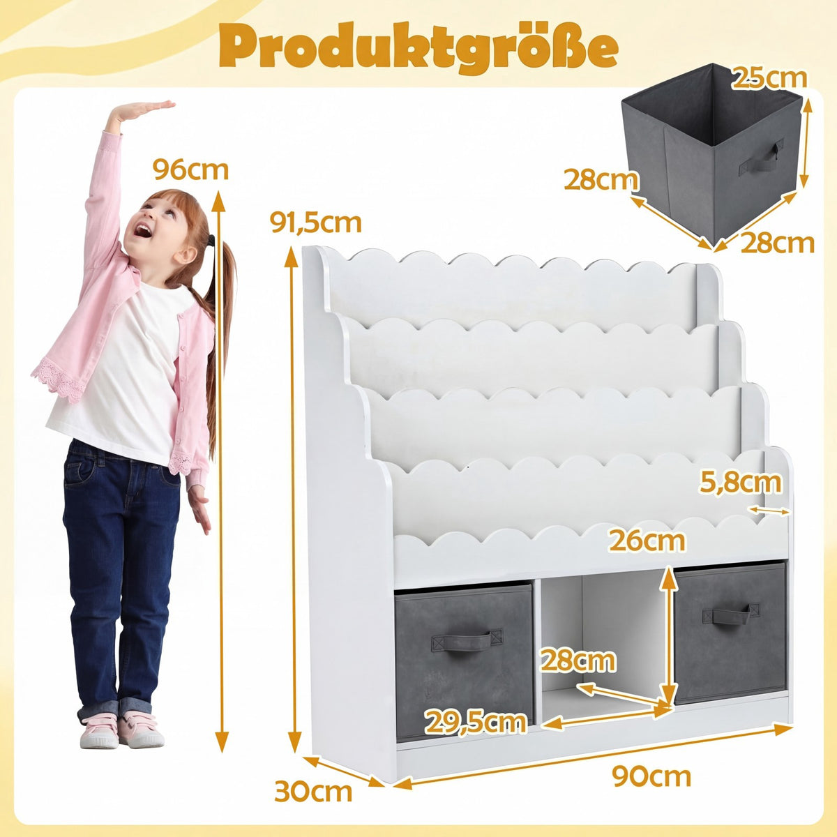 Barnbokhylla med 2 tyglådor och 4 hyllor