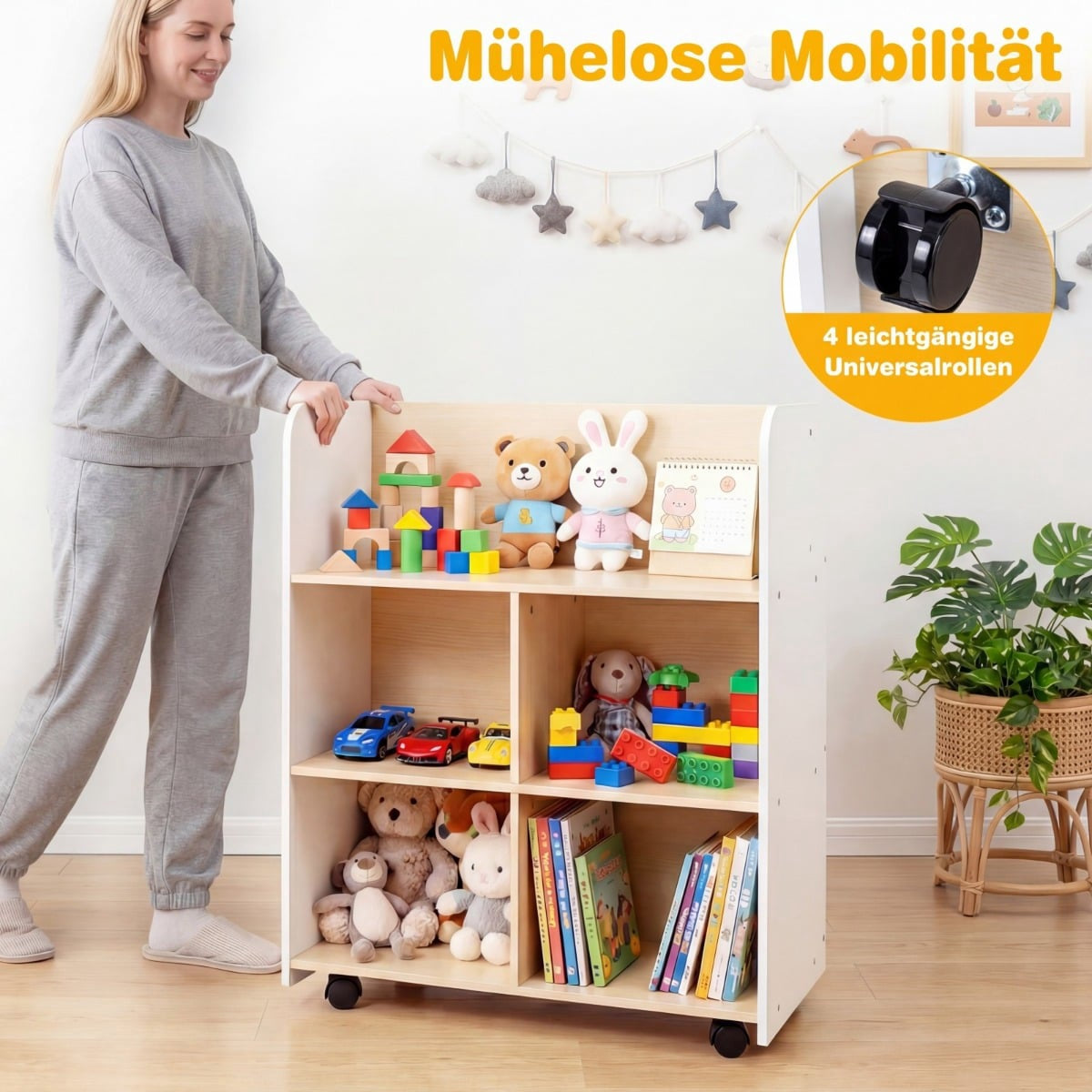 Barnbokhylla med 3 våningar och hjul, dubbelsidig display