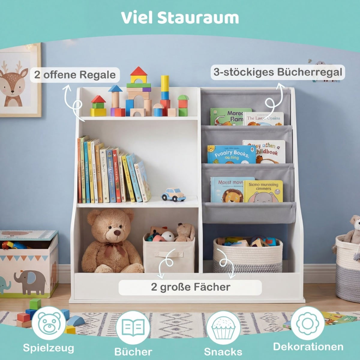 Barnbokhylla med 3-våningars tygfickor, vit