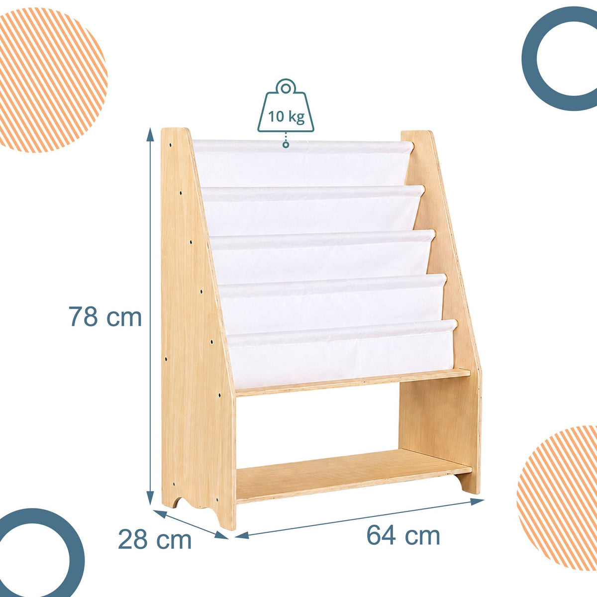 Barnbokhylla med 4 tygfickor, naturträ