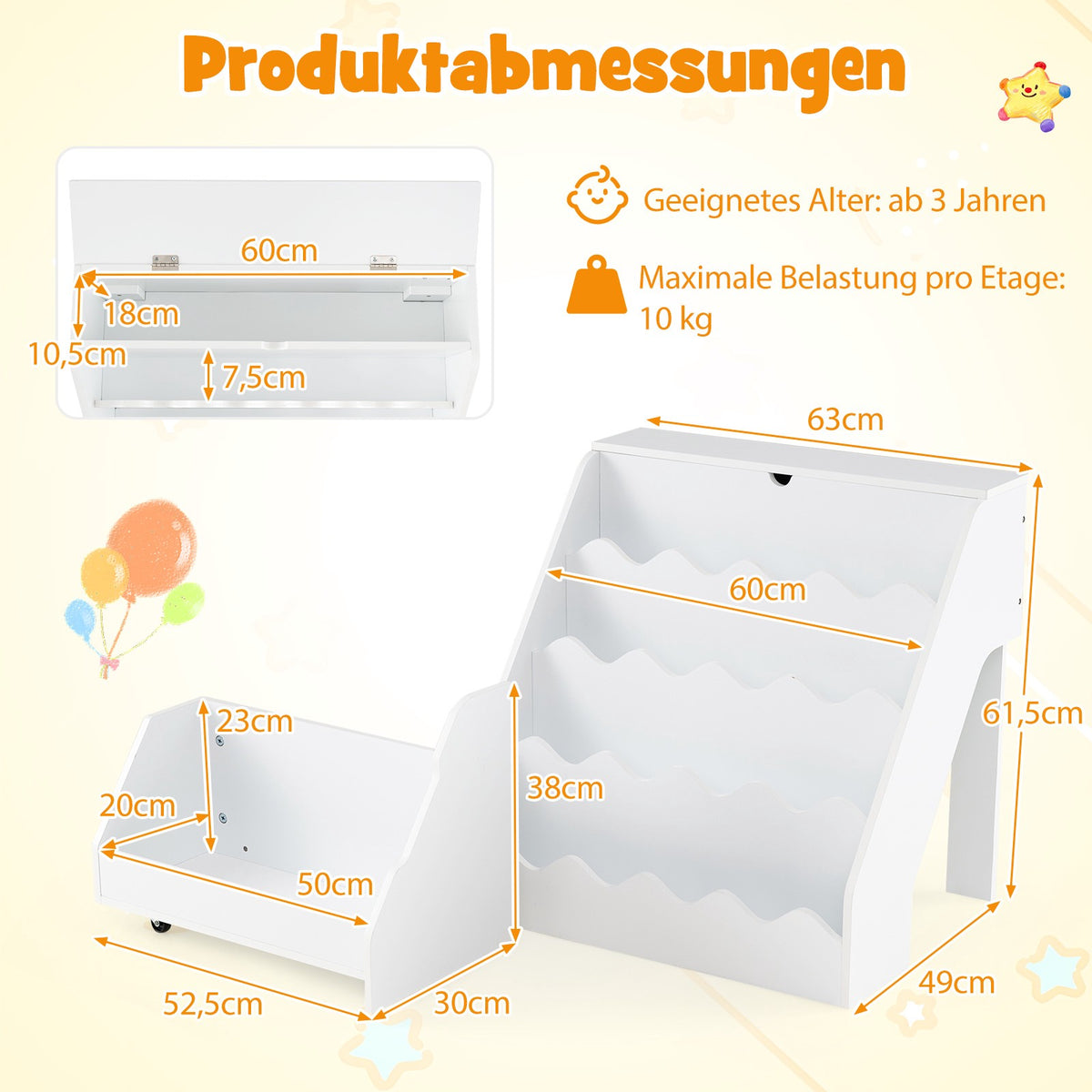 Barnbokhylla med 4 våningar, låda och hjul, vit MDF