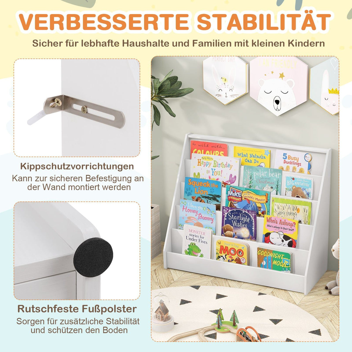 Barnbokhylla med 5 hyllor, vit, säker design