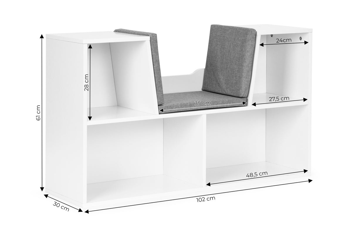 Barnbokhylla med sits – Vit, 4 hyllor
