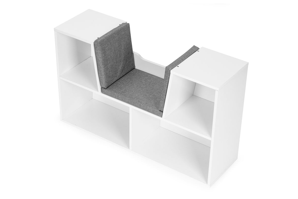 Barnbokhylla med sits – Vit, 4 hyllor
