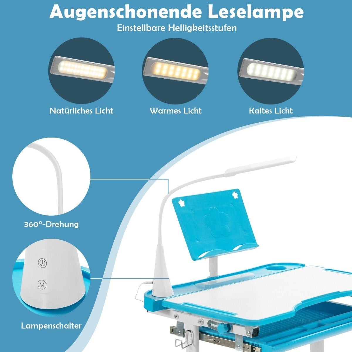 Barnbord barnbordsset med bokställ & LED-ljus för killar och tjejer blå