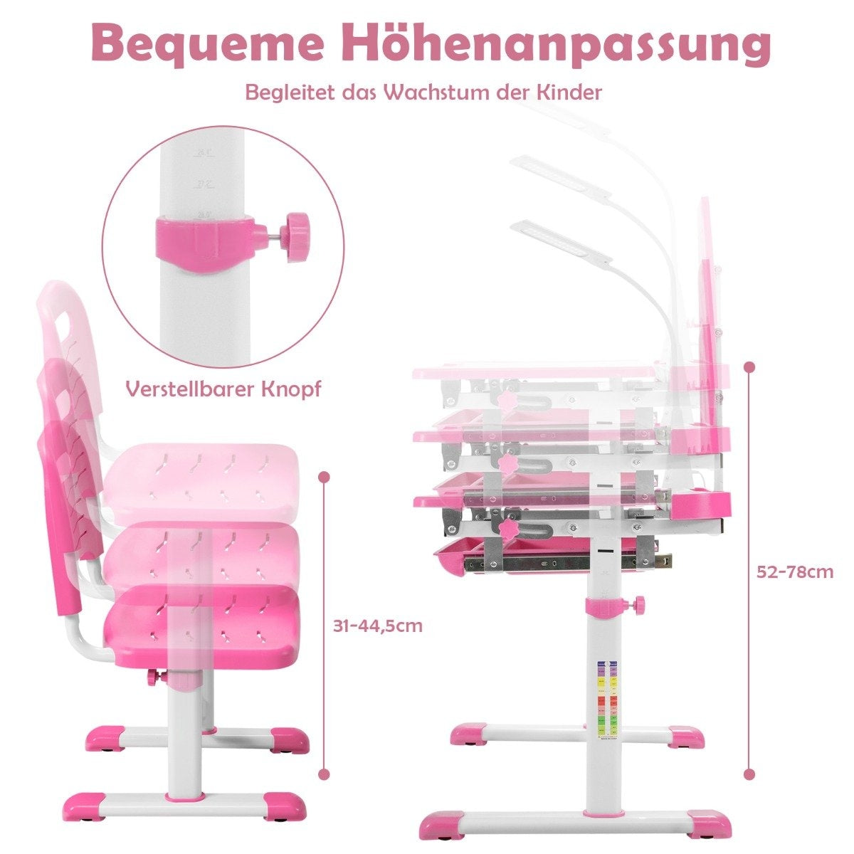 Barnbord barnbordsset med bokställ och LED-lampa för pojkar och tjejer rosa