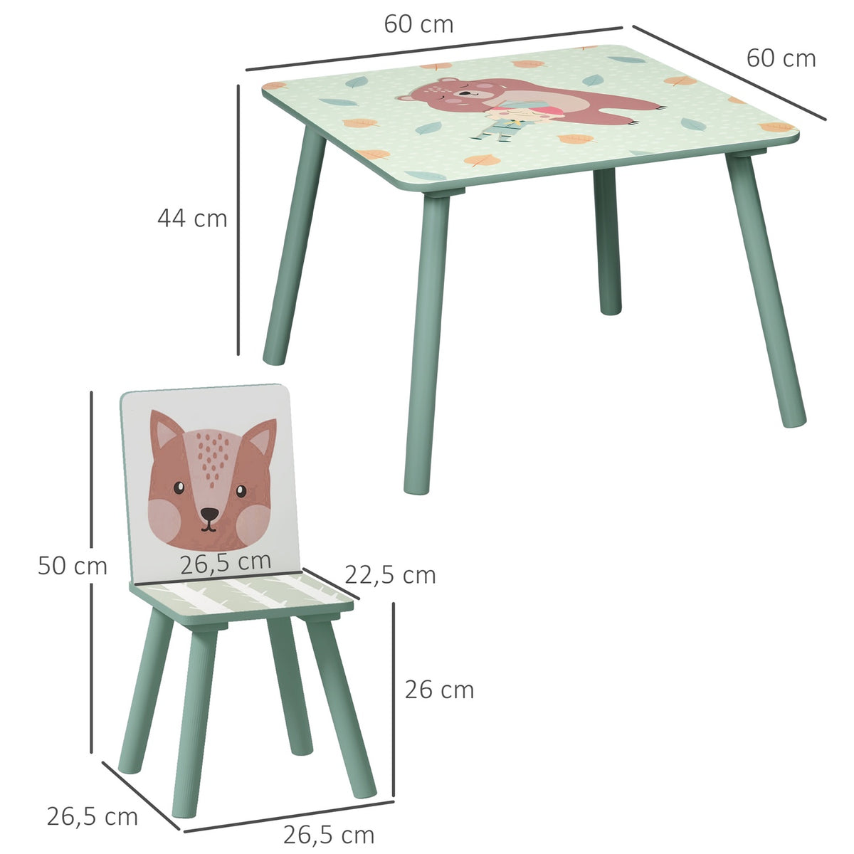 Barnbord med 2 stolar, barnsittgrupp med 1 bord och 2 stolar, sött djurmotiv, barnset för barn 3-8 år, grönt