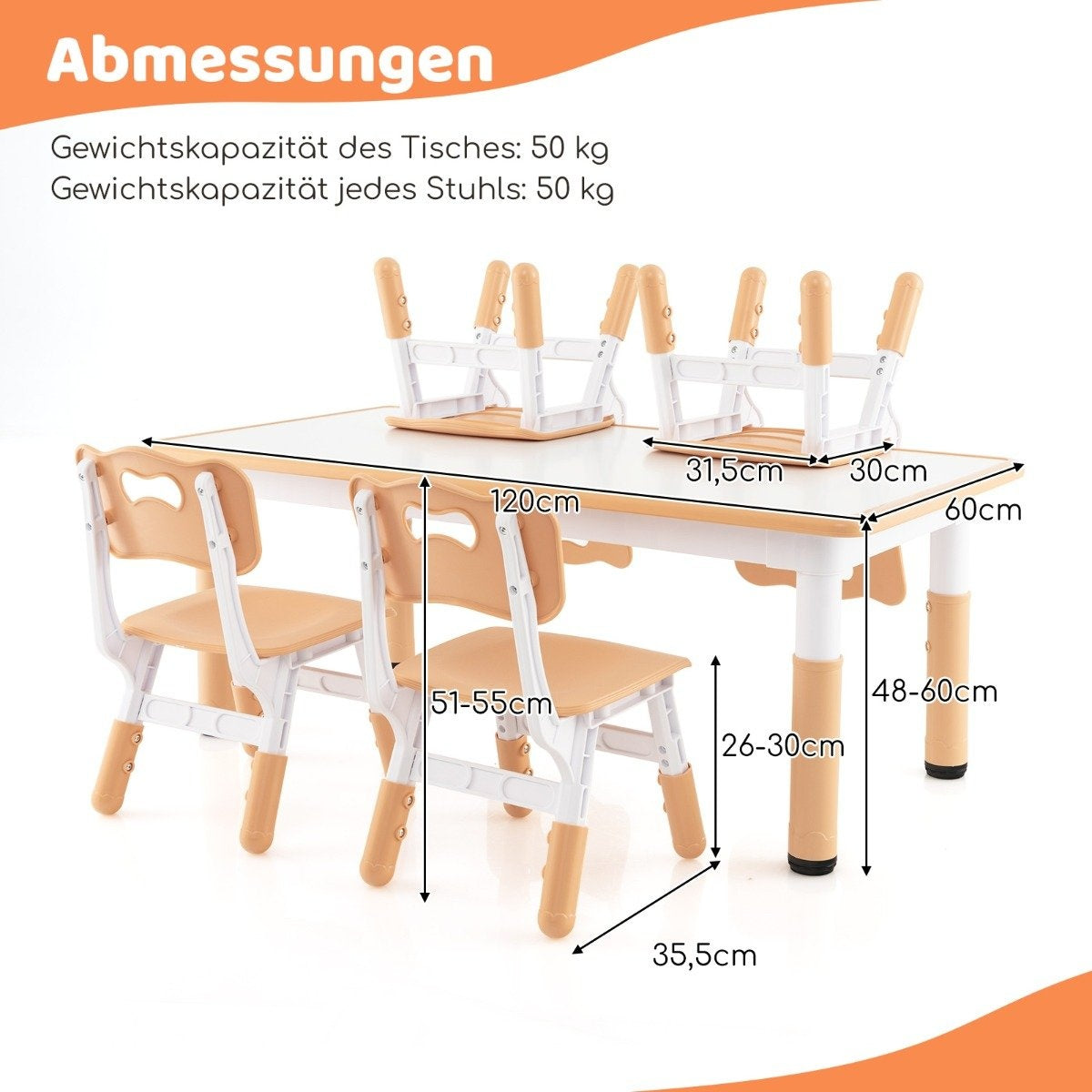 Barnbord med 4 stolar set med graffiti bordsskiva Höjdjusterbar barnsittgrupp natur