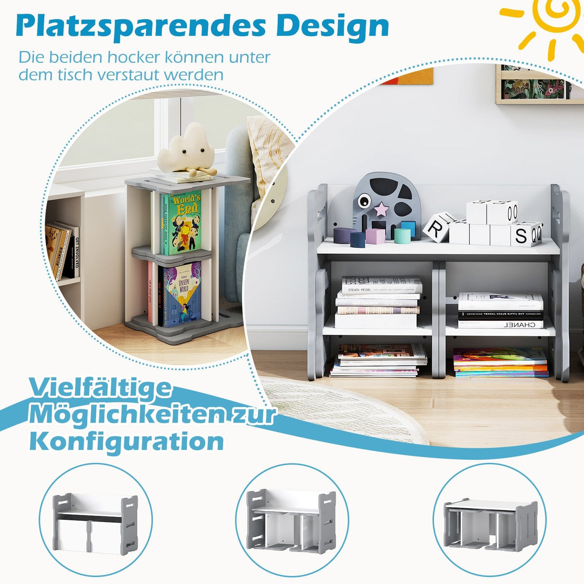 Barnbord och stolsset, 3 delar, MDF, grå, rundade kanter