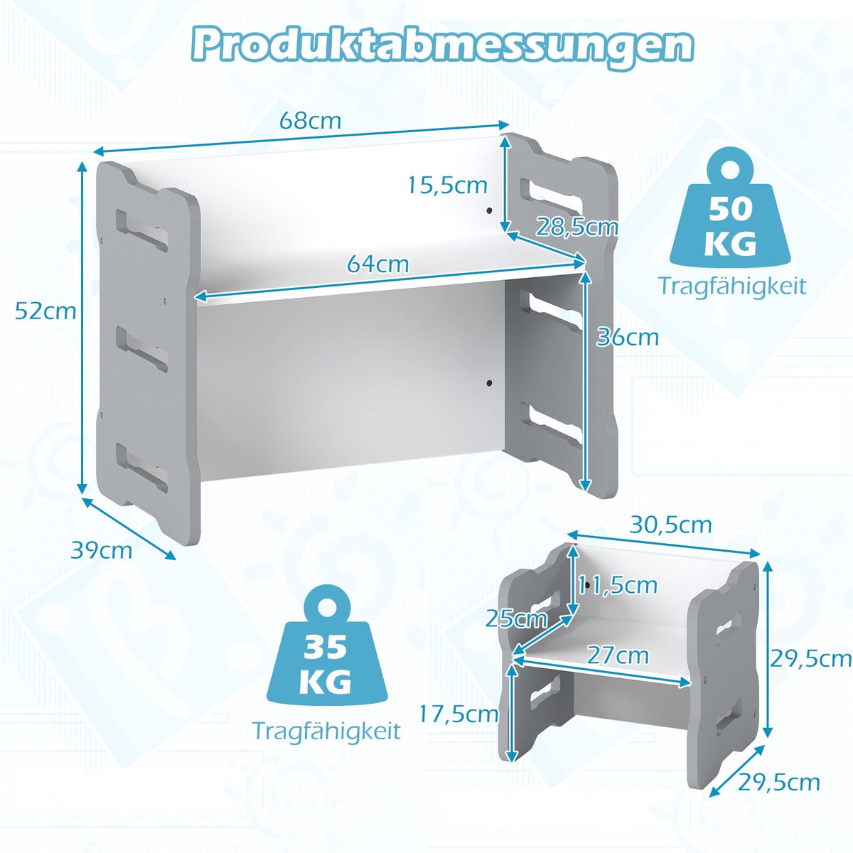Barnbord och stolsset, 3 delar, MDF, grå, rundade kanter