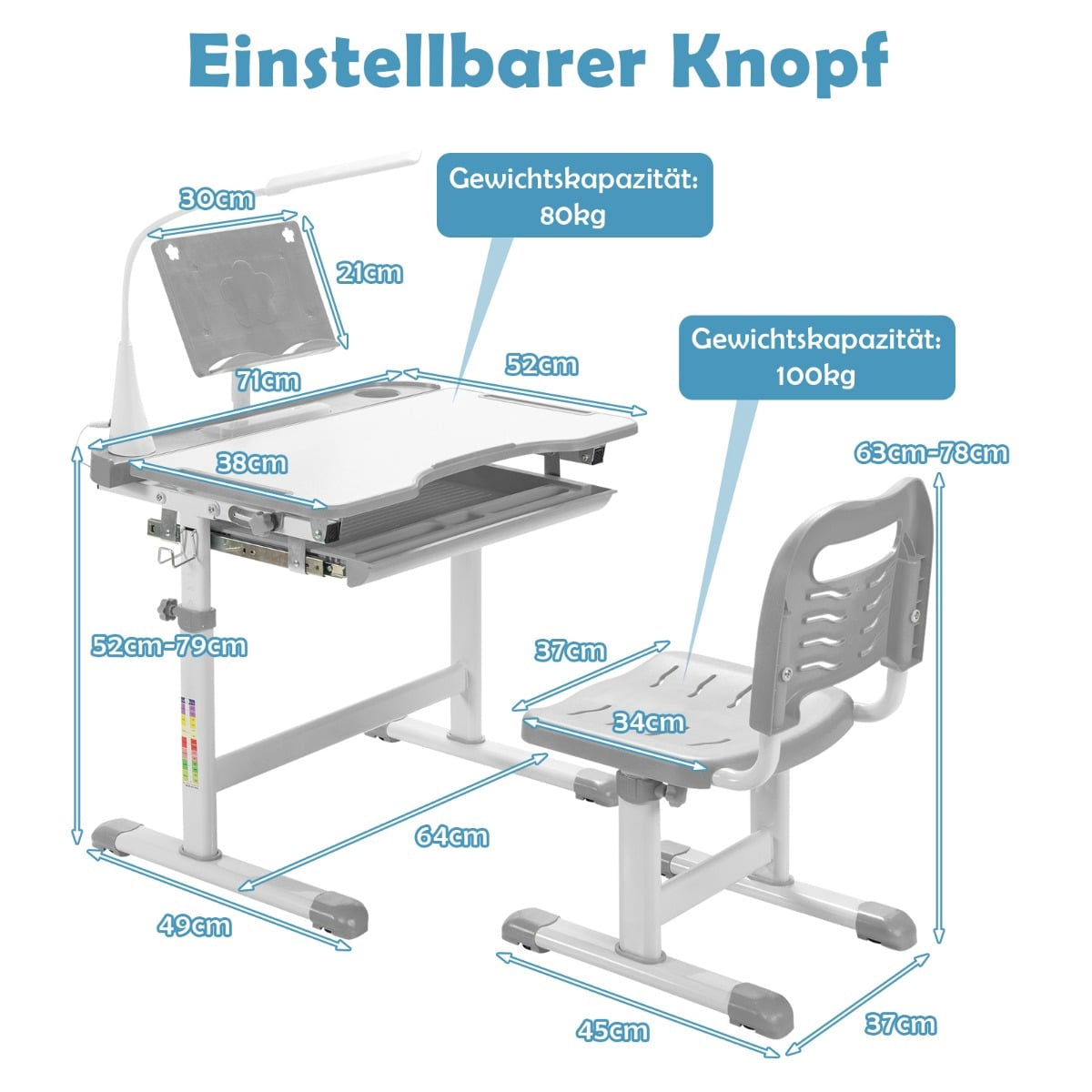 Barnbord och stolsset med LED-ljus, justerbar höjd