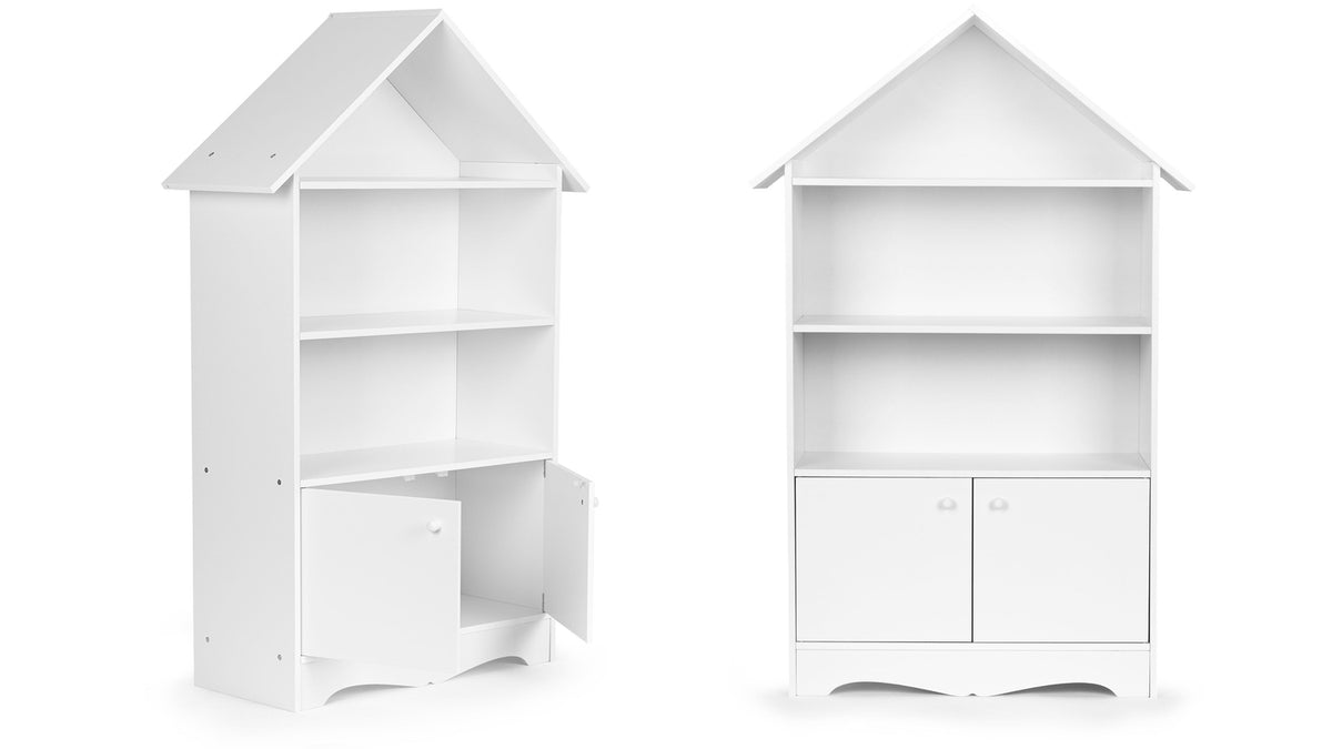 Barnens bokhylla formad som ett vitt hus med skåp