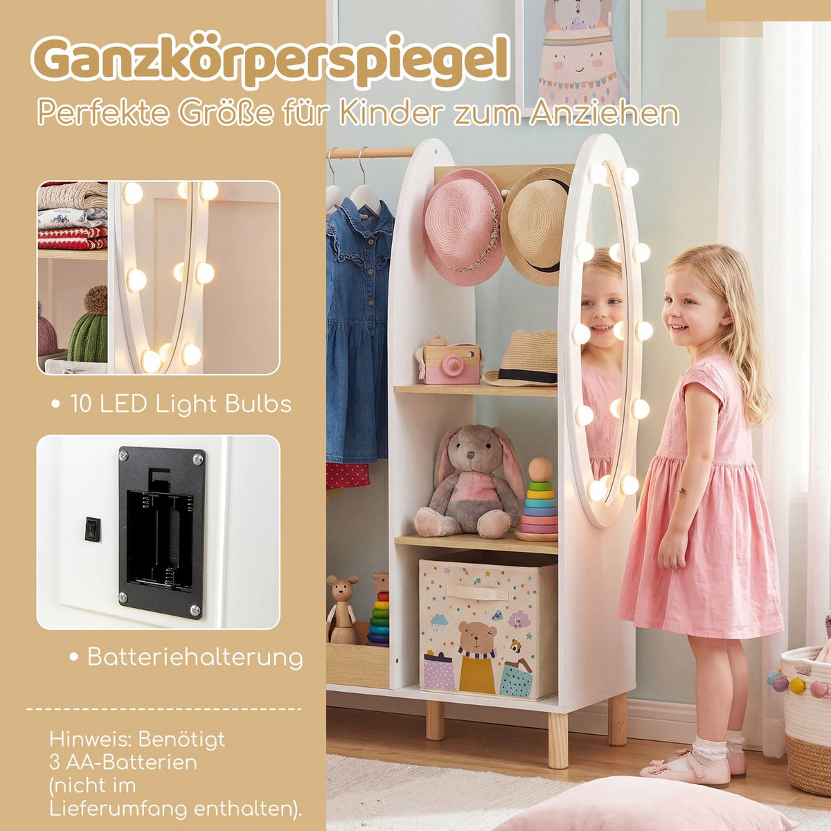 Barngarderob med LED-spegel och förvaringshyllor