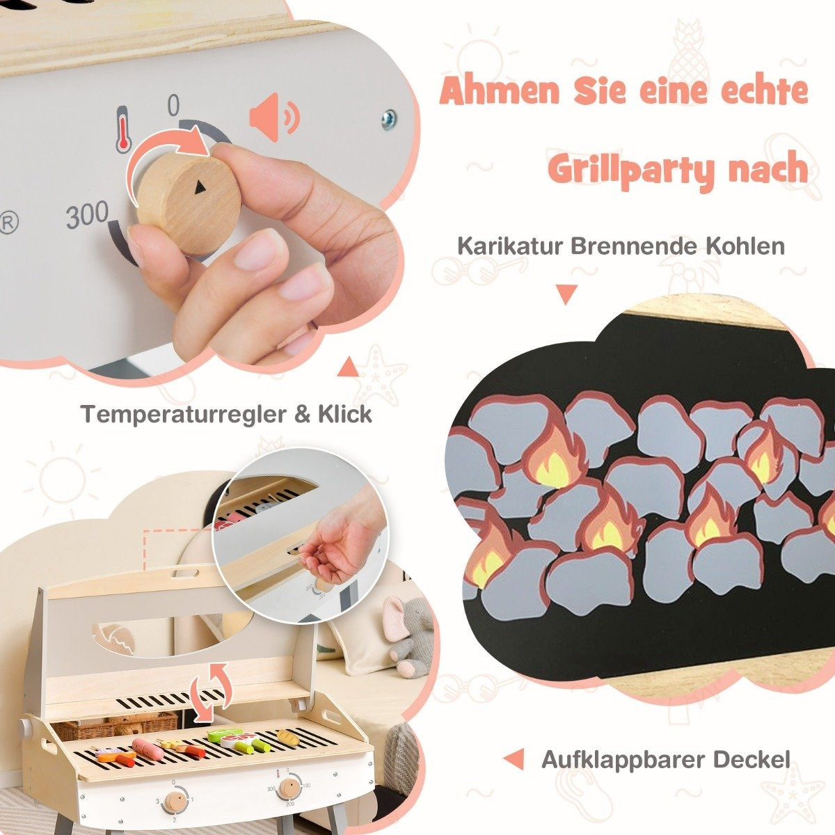Barngrilllekset, lekkök i trä med fäste, 4 BBQ-stänger, leksaksgrillset