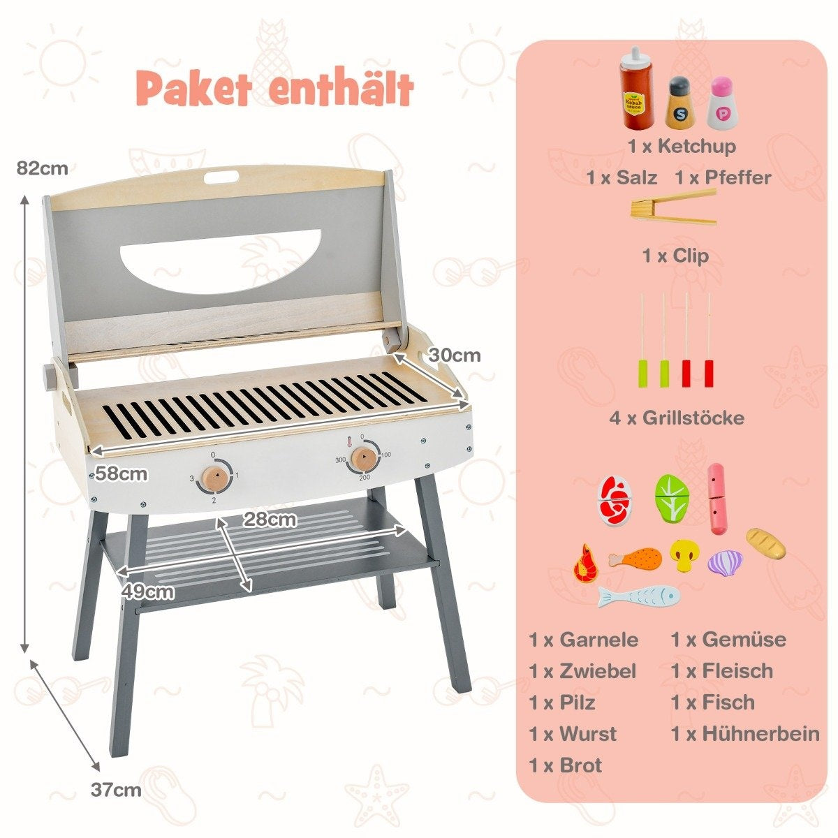 Barngrilllekset, lekkök i trä med fäste, 4 BBQ-stänger, leksaksgrillset