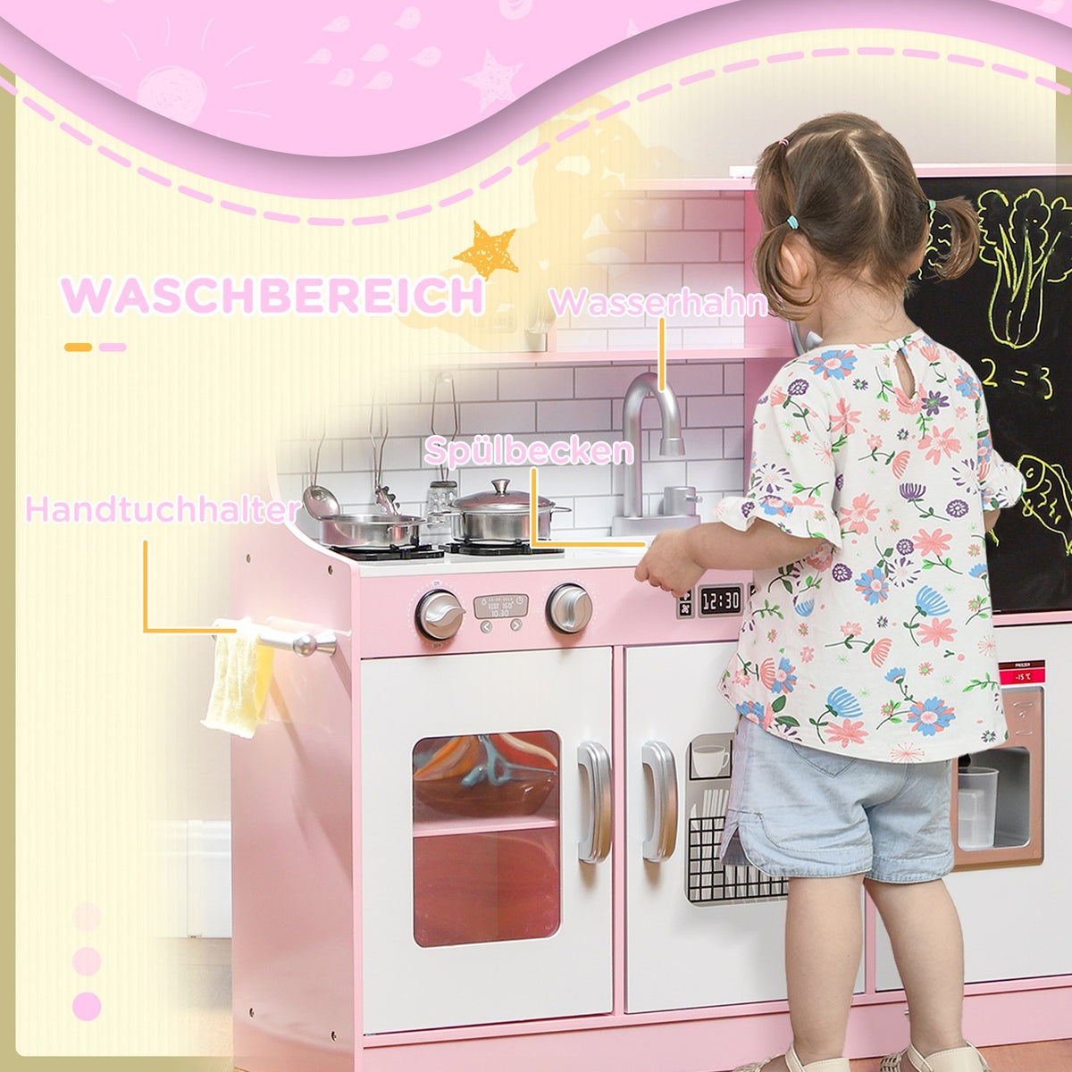 Barnkök lekkök med leksakstelefon, svarta tavla, mikrovågsugn, spis, diskho, dockkök med kökstillbehör, isbitsmaskin för 3-8 år barn, rosa