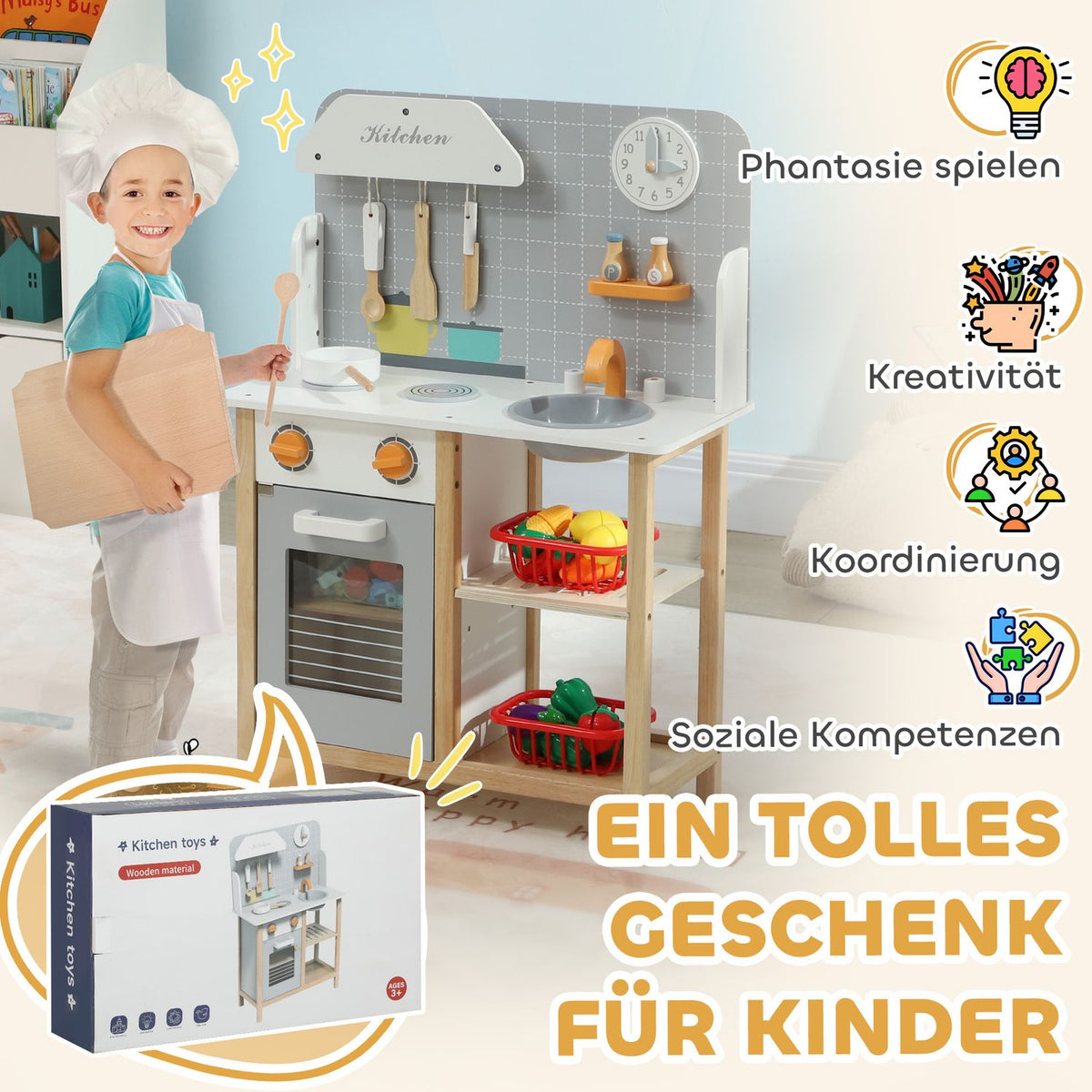 Barnkök lekkök med spis, ugn, diskho, klocka och hyllor, dockkök med kran, kokkärl, tillbehör för 3-6 år barn, grå