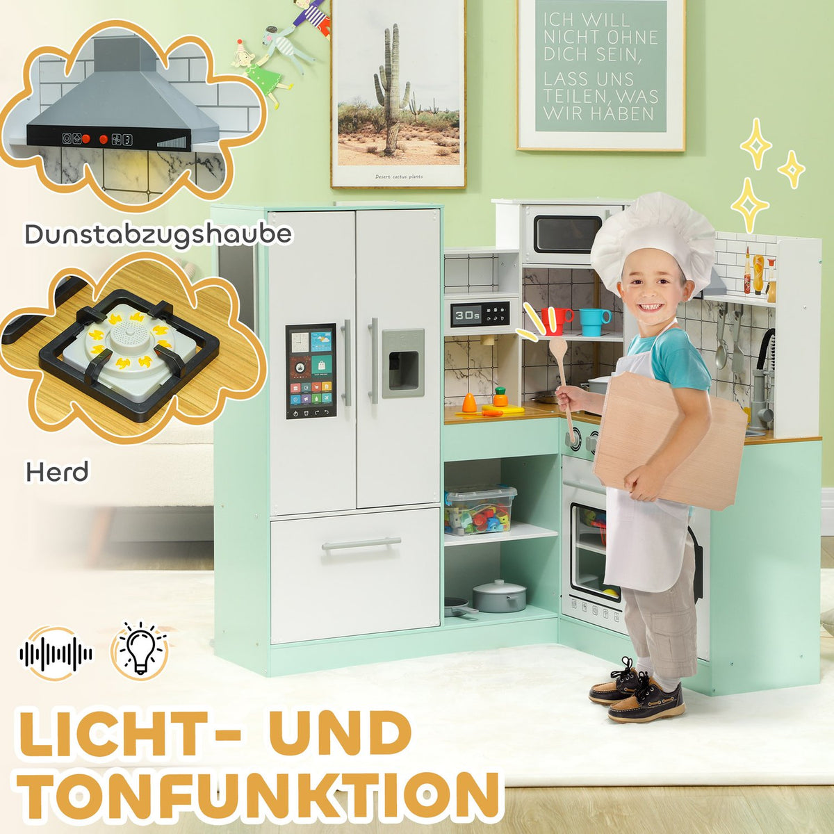 Barnkök, lekkök med tavla, fläkt, ismaskin, mikrovågsugn, ugn, kylskåp, realistiska ljus- och ljudeffekter, köksredskap, från 3 år