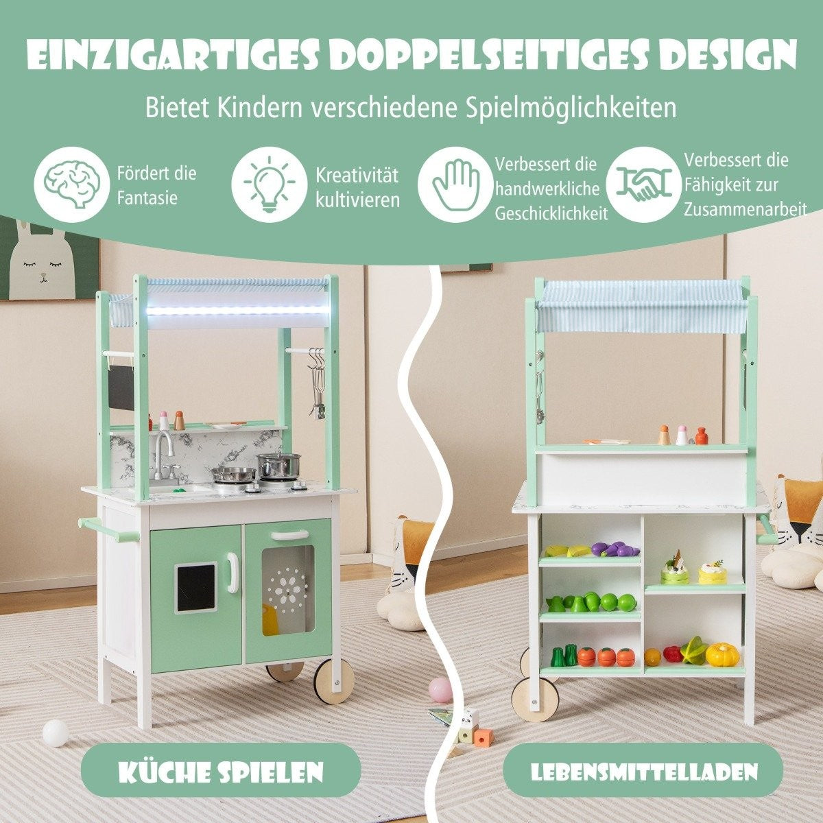 Barnkök med butik & hjul & 17 tillbehör & ljus & fjärrkontroll lekkök grönt