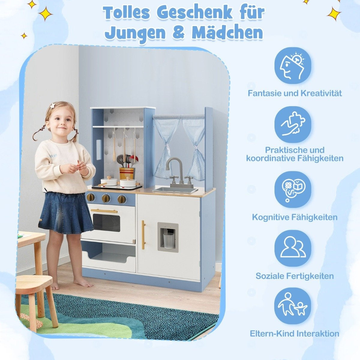 Barnkök med gardiner & spis & diskbänk & ugn & vattendispenser Lekkök för barn från 3 år och uppåt.