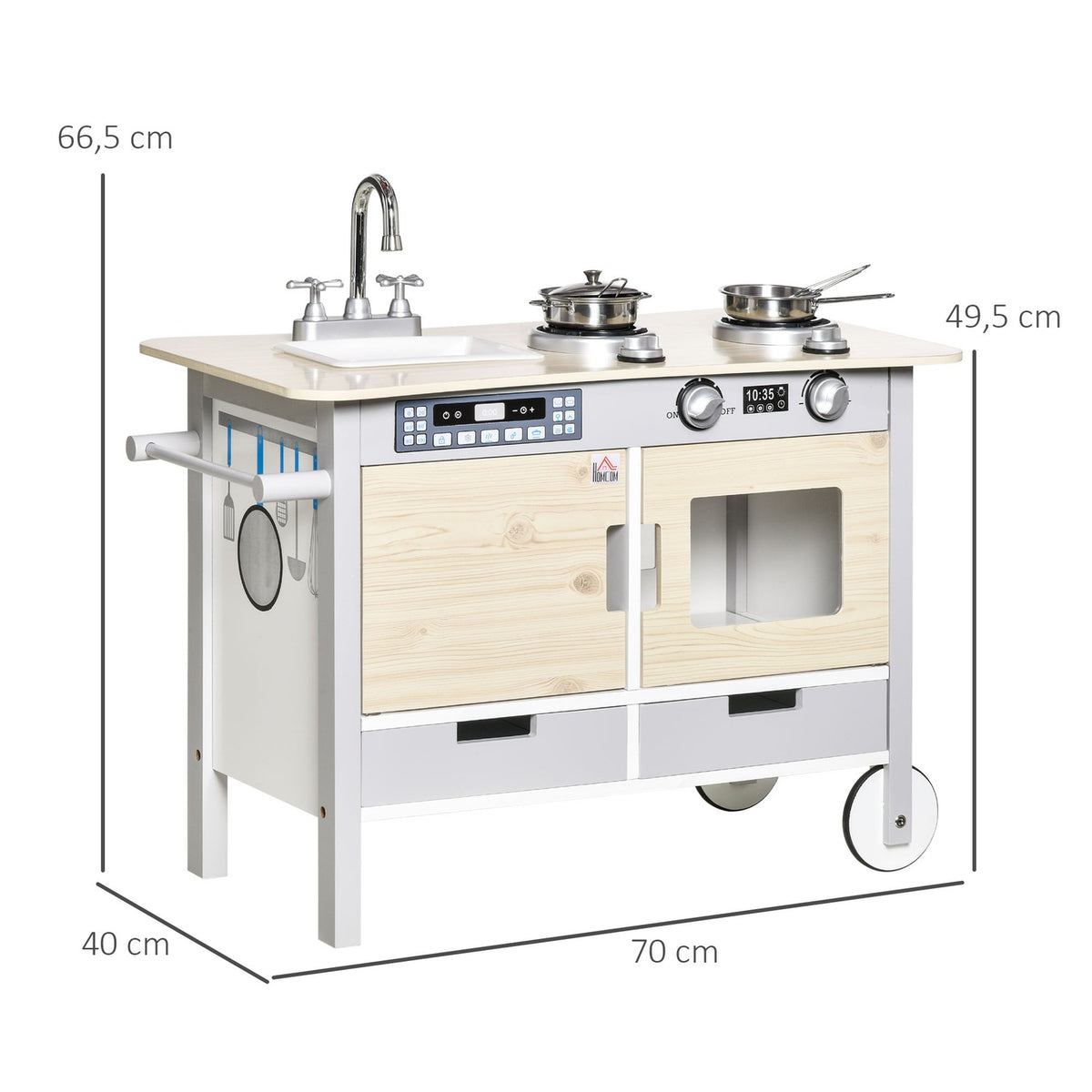 Barnkök med hjul lekkök köksvagn 70x40x66,5cm med 2 kastruller diskbänk kokbänksskåp och 5 kökstillbehör av naturligt trä och grått