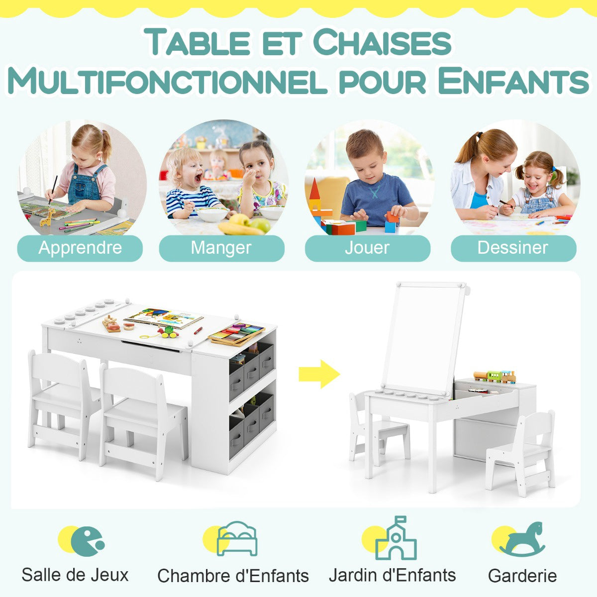 Barnkonstbord och 2 stolar, justerbart staffli, pappersrulle