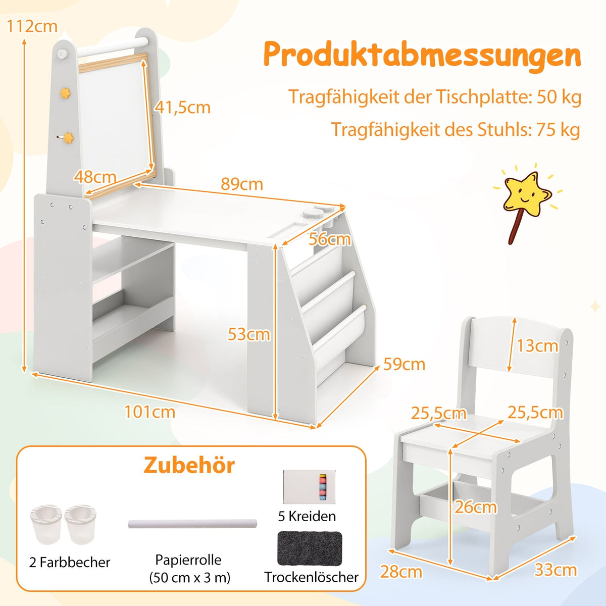 Barnkonstbord och stolsset med staffli – grått