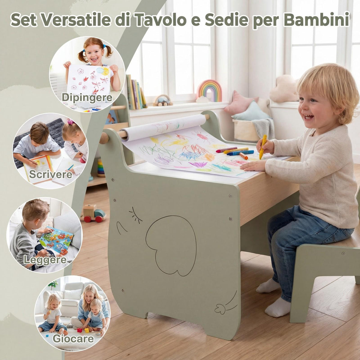 Barnkonstbord och stolsset, vändbar tavla, förvaring; pappersrulle