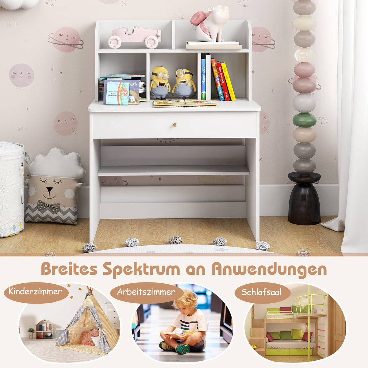 Barnskrivbord med låda och förvaring, vitt trä