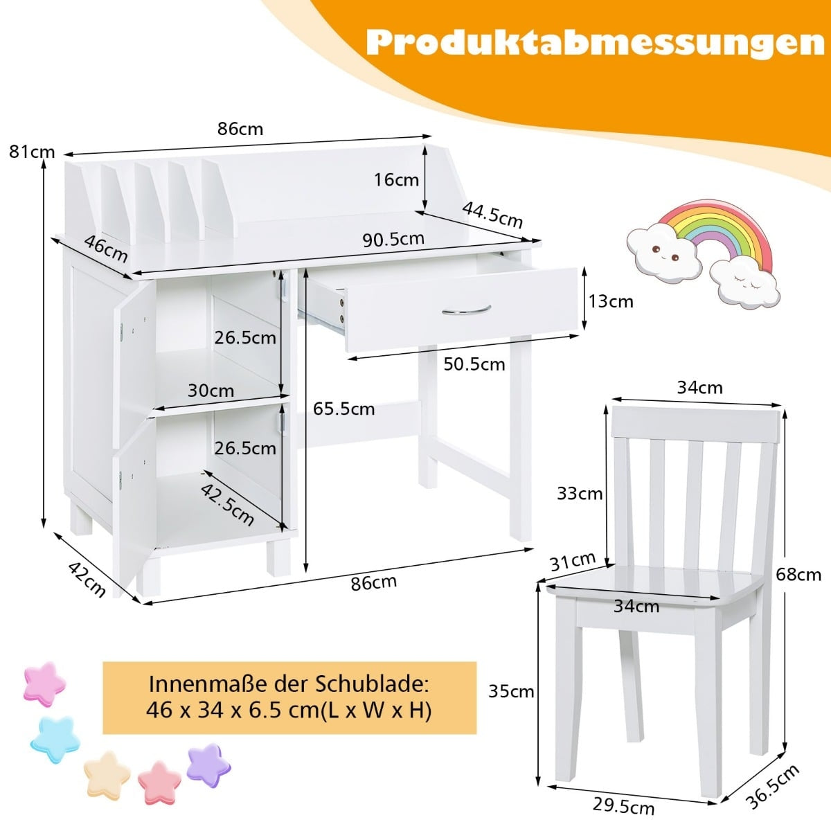 Barnskrivbord och stolsset, trä, vit, förvaringsalternativ